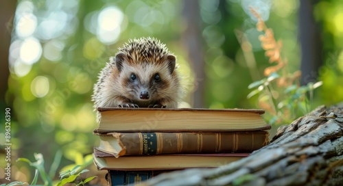 Hedgehog On Books In Forest