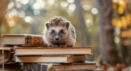Hedgehog on a Stack of Books in Autumn