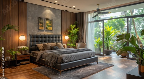 Modern Bedroom With Large Windows and Garden View