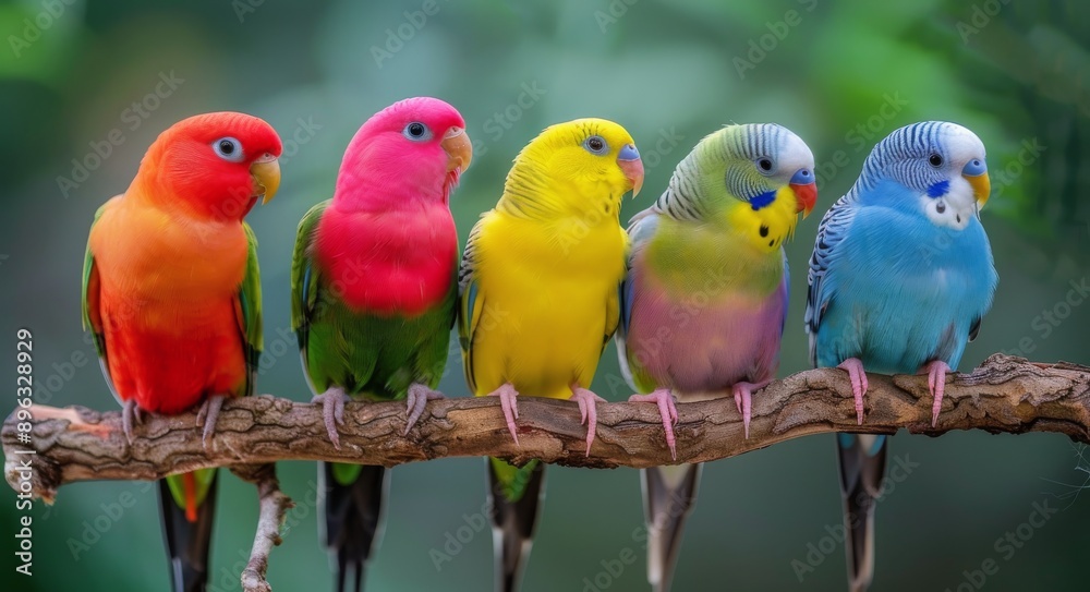 Colorful Budgies Perched on Branch Colorful Budgies Perched on Branch