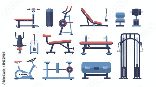 A set of vector illustrations of gym equipment.