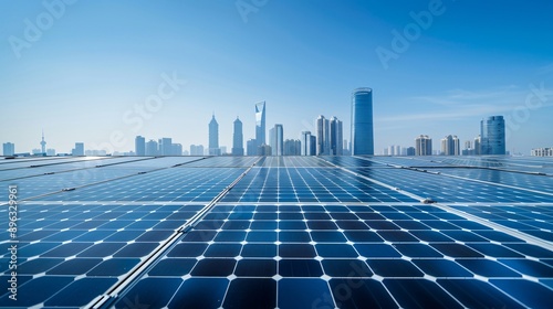 solar panels on a rooftop city skyline in the background clear blue sky