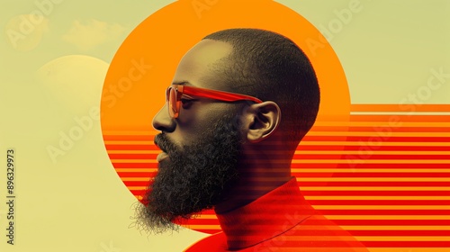 portrait of a young black man of african descent wearing sunglasses and a turtleneck, posing against a retro futuristic graphic background with an orange circle resembling a sunset. African american