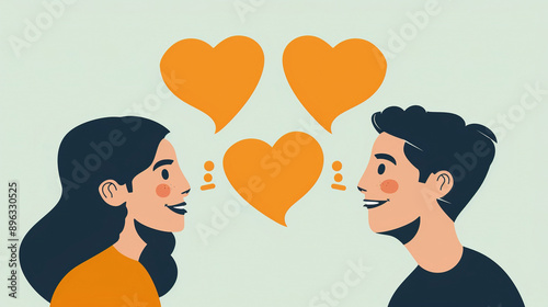 A man and woman are talking to each other with heart-shaped speech bubbles coming from their mouths © sommersby