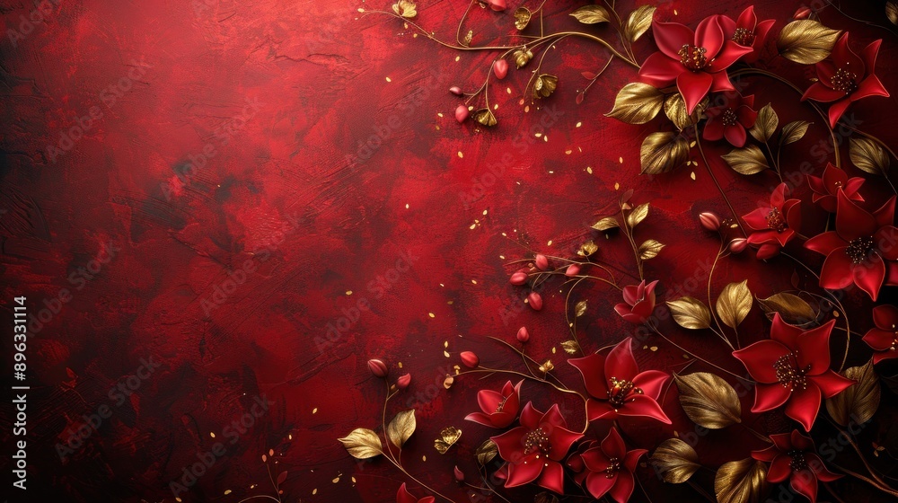 luxurious Victorian-style background in red and elegant golden 3D flower. Luxurious 3D relief wallpaper luxurious Victorian-style background in red and elegant golden 3D flower. Luxurious 3D relief wallpaper