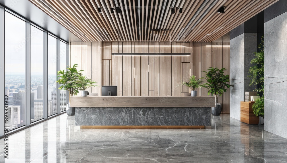 Fototapeta premium Modern Reception Desk with City View