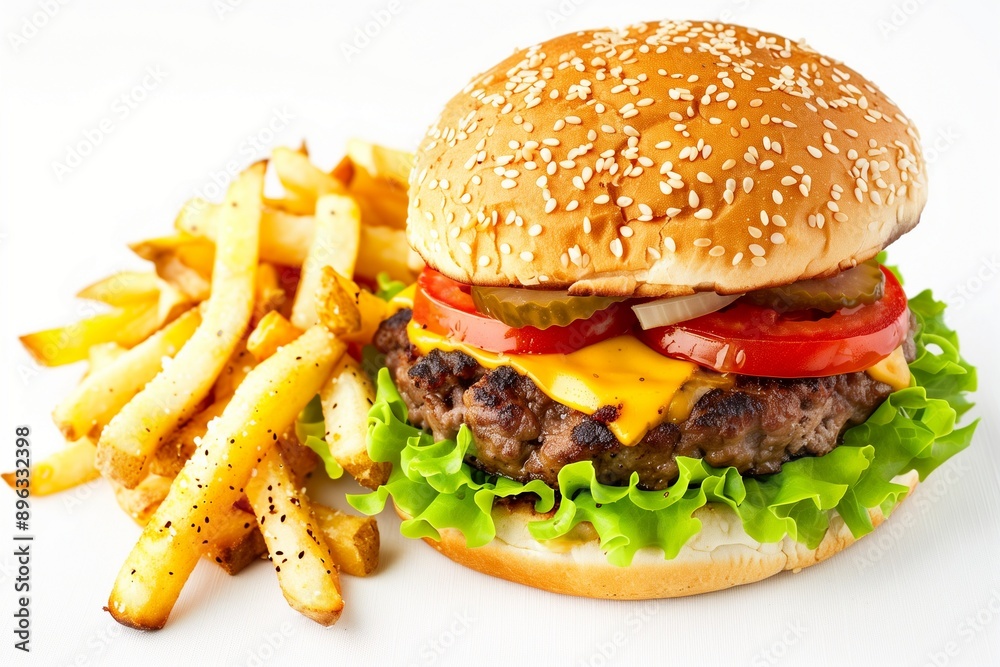 Cheeseburger with Lettuce, Tomato, and Fries
Cheeseburger with Lettuce, Tomato, and Fries