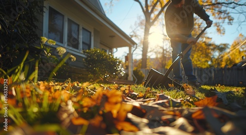 Man Raking Leaves In Autumn Yard