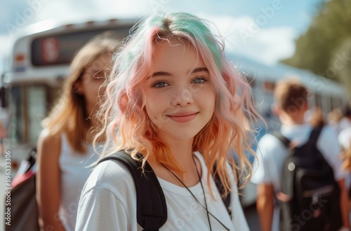 Young Woman With Pink and Blue Hair at a Bus Stop