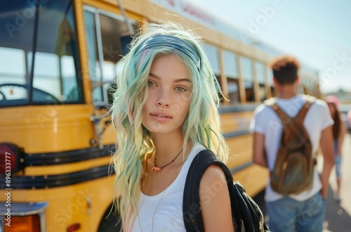 Young Woman With Blue Hair Looks Back While Boarding A Bus
