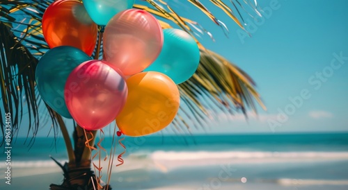 Colorful Balloons on Palm Tree by Ocean