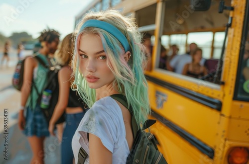 Young Woman With Blue Hair Looks Back While Boarding A Bus
