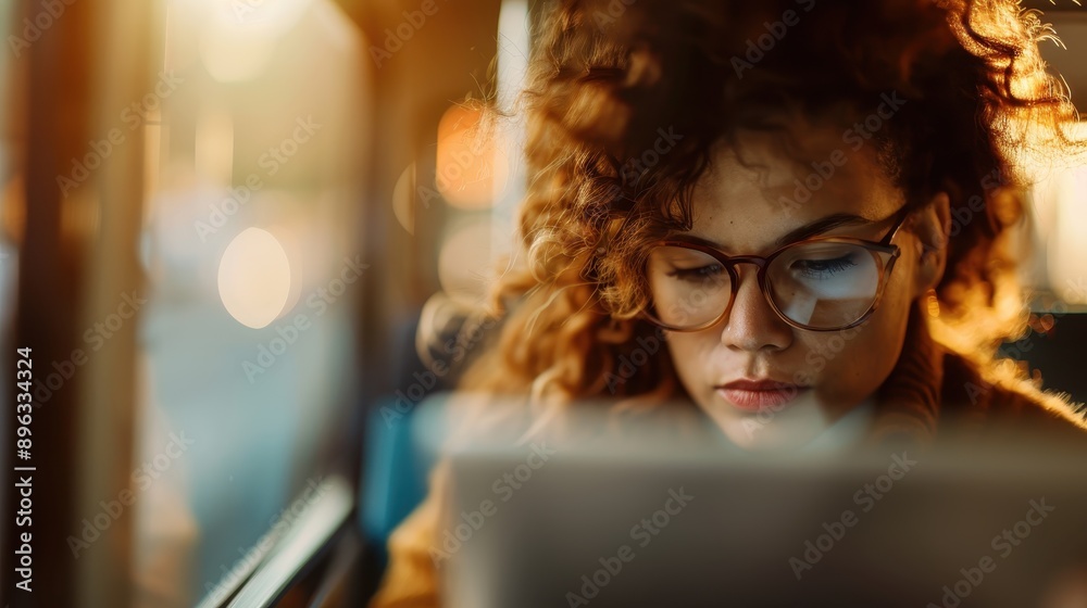 A young woman with curly hair and glasses, intently focused on her laptop screen, captures a blend of determination and tranquility with the warm sunlight illuminating her face.