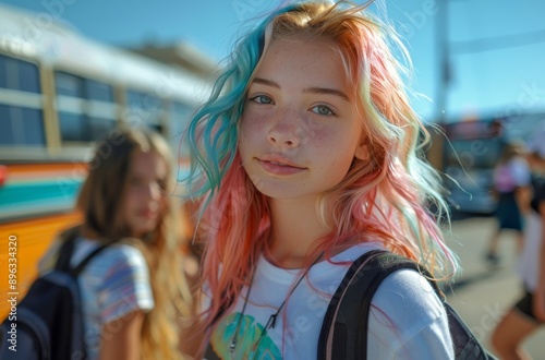 Young Woman With Pink and Blue Hair at a Bus Stop