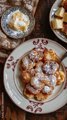 Homemade Dutch Poffertjes Pancakes with Powdered Sugar. AI generated illustration photo