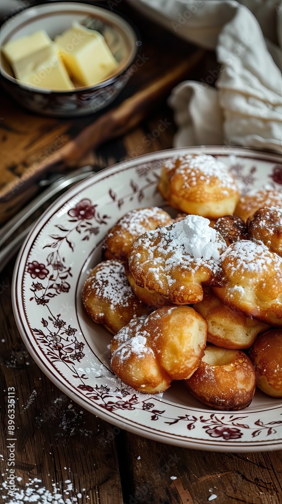 Homemade Dutch Poffertjes Pancakes with Powdered Sugar. AI generated illustration Homemade Dutch Poffertjes Pancakes with Powdered Sugar. AI generated illustration