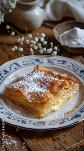 Greek pastry Bougatsa with phyllo dough and semolina custard cream. AI generated illustration photo