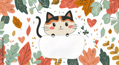 Cat Holding Blank Sign With Fall Foliage