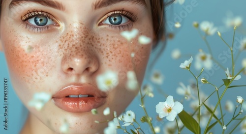 Woman With Freckles and Flowers