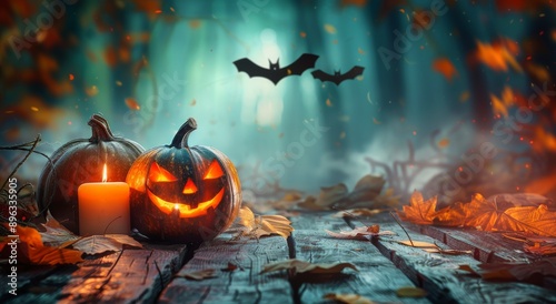Jack-o'-Lantern and Candle in Autumn Forest