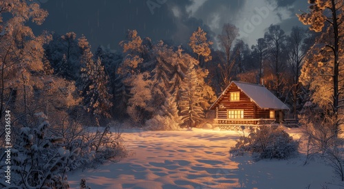 Snowy Cabin at Night