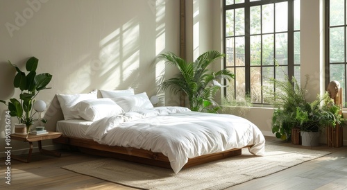 Modern Bedroom With White Bedding and Plants
