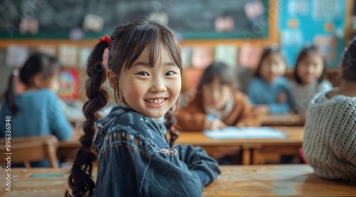 Young Girl Smiles in Chinese Classroom