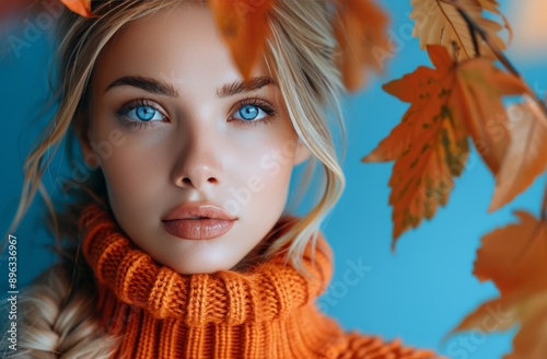Woman With Blue Eyes and Orange Sweater in Autumn