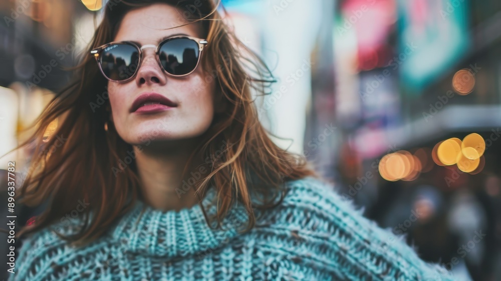 A woman with sunglasses and a thick blue sweater stands in front of a bustling city backdrop glistening with bright bokeh lights, capturing the essence of urban style. A woman with sunglasses and a thick blue sweater stands in front of a bustling city backdrop glistening with bright bokeh lights, capturing the essence of urban style.
