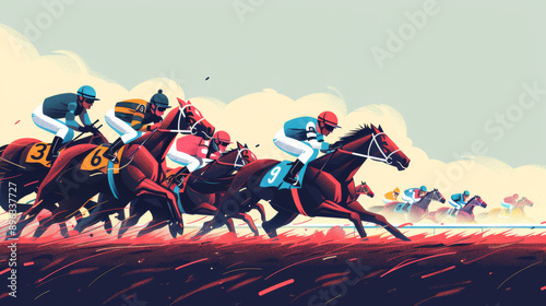 Horse races with jockeys riding them, illustrated with flat colors in a perspective view. photo