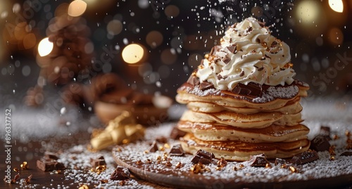 Pancakes With Whipped Cream And Chocolate Drizzle