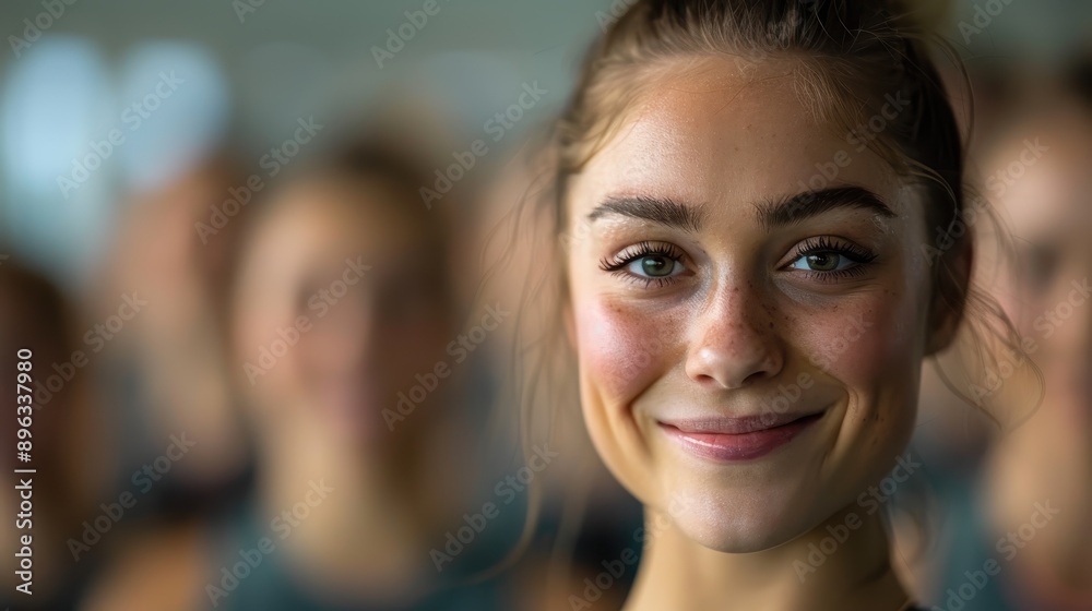 A close-up portrait of a smiling woman with bright blue eyes in a well-lit indoor space, surrounded by a blurred group of people in the background, exuding warmth and joy. A close-up portrait of a smiling woman with bright blue eyes in a well-lit indoor space, surrounded by a blurred group of people in the background, exuding warmth and joy.