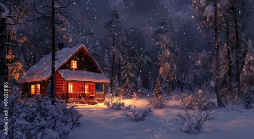 Snowy Cabin at Night