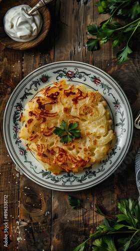 Potato rosti with chives on wooden table. Traditional Swiss dish. Selective focus. AI generated illustration photo