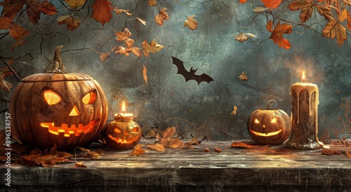 Jack-o'-Lantern and Candle in Autumn Forest