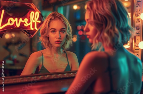 Woman Posing In Red Neon Light