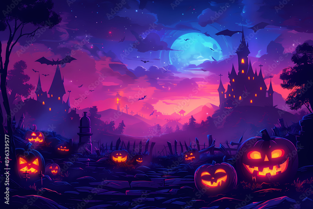 Halloween themed scene with pumpkins castles and magic sky Halloween themed scene with pumpkins castles and magic sky
