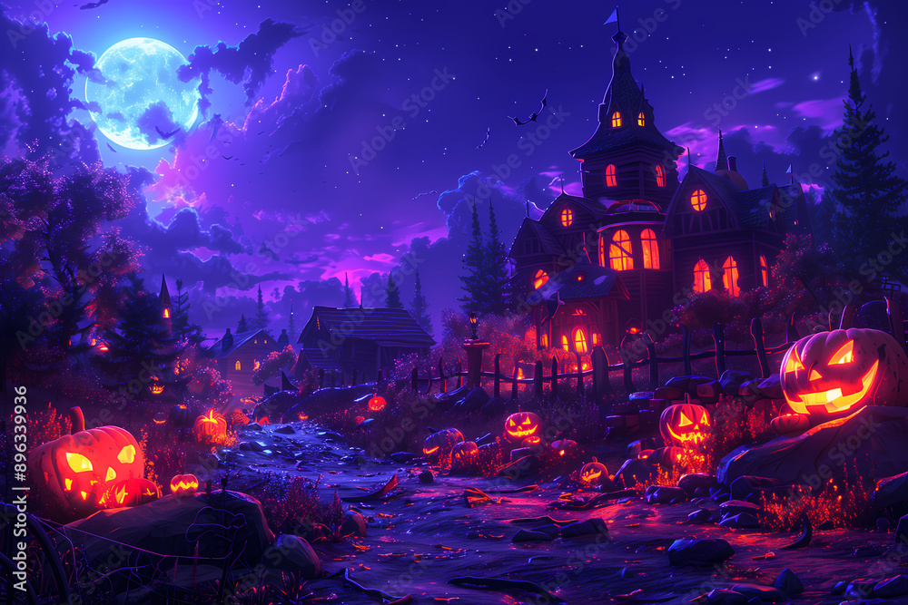Halloween themed scene with pumpkins castles and magic sky Halloween themed scene with pumpkins castles and magic sky
