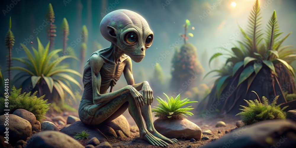 Alien Contemplation A Digital Painting of a Grey Alien Sitting on a Rock in a Lush Forest, Digital Art, Alien, Fantasy, Forest, alien art, space art Alien Contemplation A Digital Painting of a Grey Alien Sitting on a Rock in a Lush Forest, Digital Art, Alien, Fantasy, Forest, alien art, space art