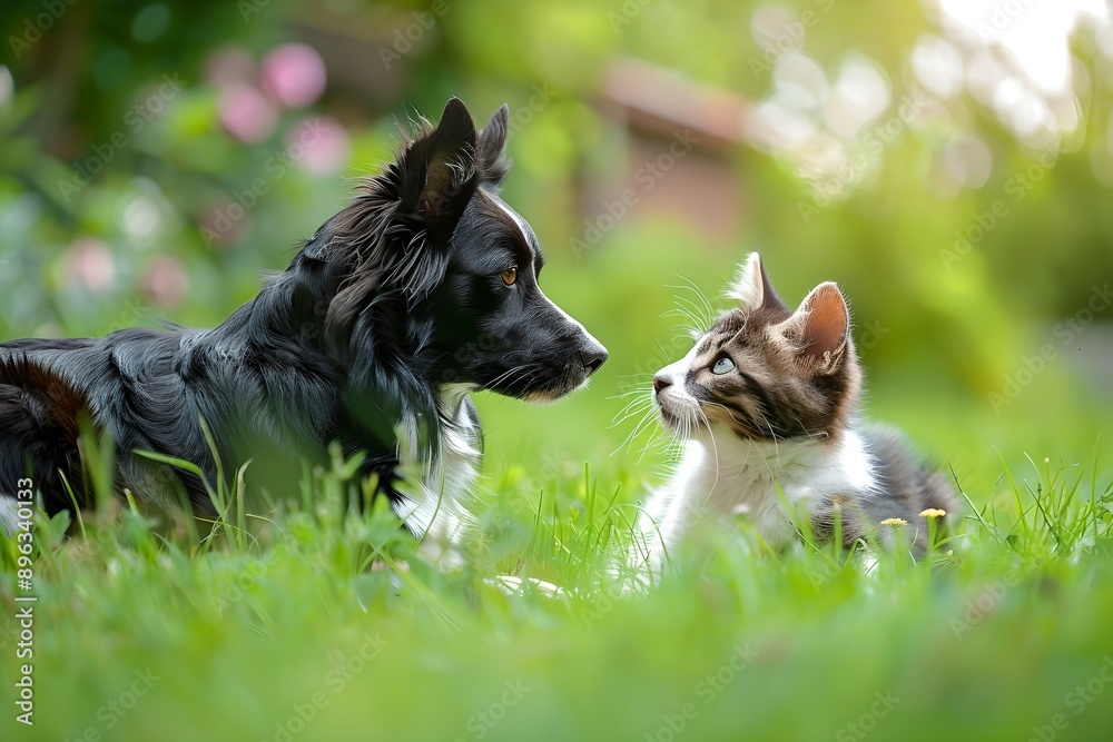 Fototapeta premium Dog with cat relaxing in colorful garden with flowers. Relaxation and resting concept. Gardening and natural beauty. Banner, poster. Pet friendship