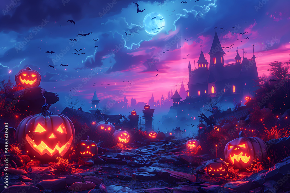 Halloween themed scene with pumpkins castles and magic sky Halloween themed scene with pumpkins castles and magic sky