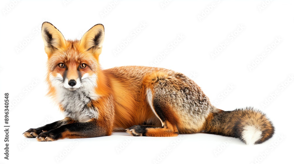 A beautiful red fox isolated on a white background. The fox is sitting with its paws in front of him and looking at the camera. A beautiful red fox isolated on a white background. The fox is sitting with its paws in front of him and looking at the camera.