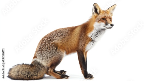 A beautiful red fox sits on a white background, looking off to the side. The fox's fur is soft and fluffy, and its tail is long and bushy.