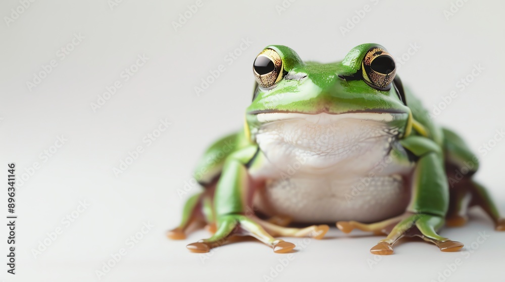 Fototapeta premium A cute green frog is sitting on a white background. The frog has big, round, golden eyes and a friendly smile.