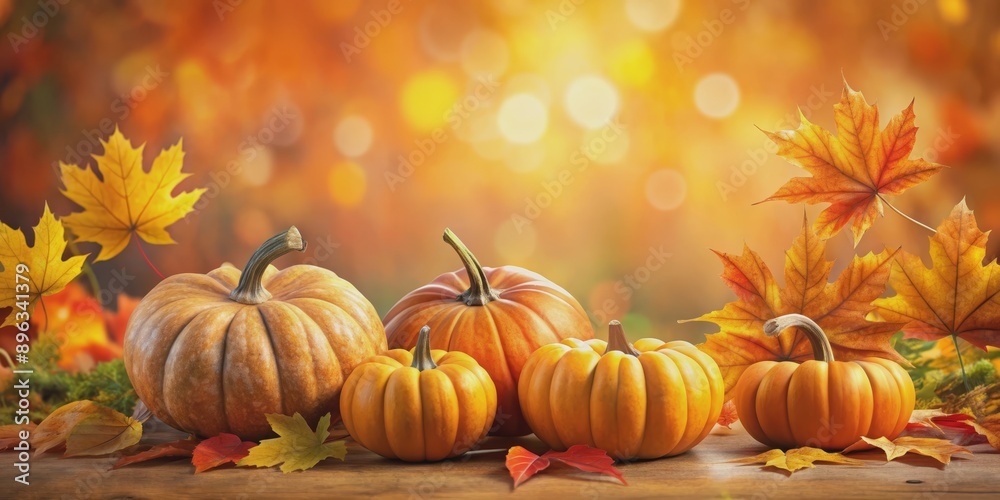 Autumnal Pumpkin Display with Warm Bokeh, Five Pumpkins and Fall Leaves, Close-up Composition, Fall, Harvest, Thanksgiving, Autumn Leaves Autumnal Pumpkin Display with Warm Bokeh, Five Pumpkins and Fall Leaves, Close-up Composition, Fall, Harvest, Thanksgiving, Autumn Leaves
