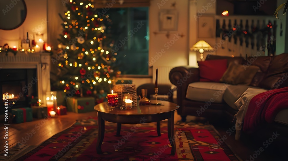 Festive decorations in living room at night Festive decorations in living room at night
