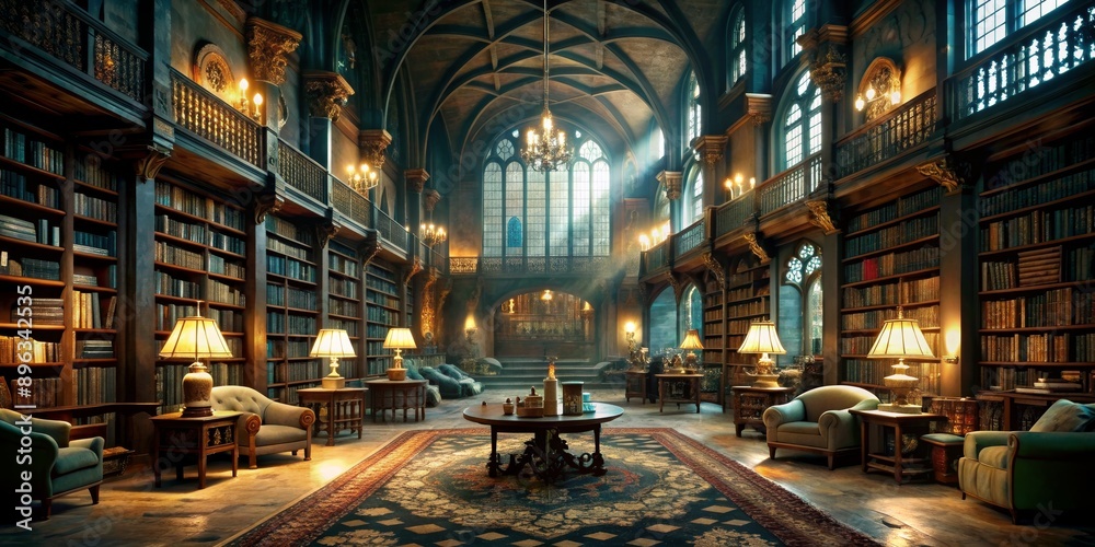 Fototapeta premium A Grand Library Interior with Bookshelves, Armchairs, and a Large Window, library, interior, architecture, bookshelf