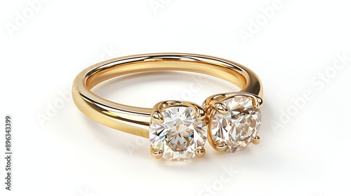 This is a beautiful image of a gold ring with two diamonds on a white background.