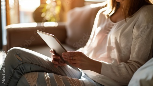 Woman reading on her digital tablet at home on her couch in the sunglight