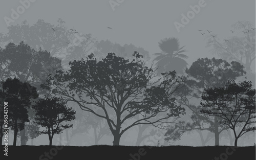 Foggy winter atmospheric scene black and white trees landscape vector illustration background wallpaper nature cover poster jungle forest woods birds sky silhouette background